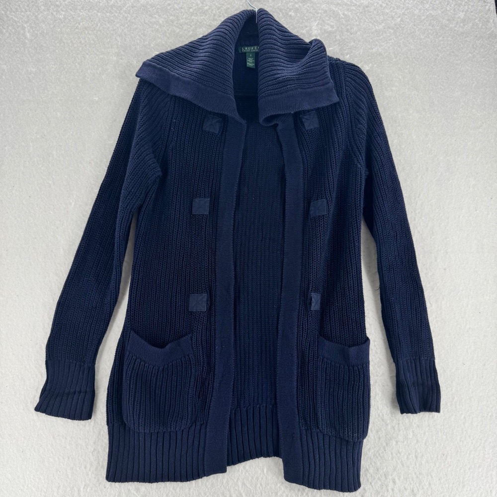 VTG Lauren Ralph Lauren - Cardigan Shaker Knit Shawl Collar Navy Blue  S  Womens